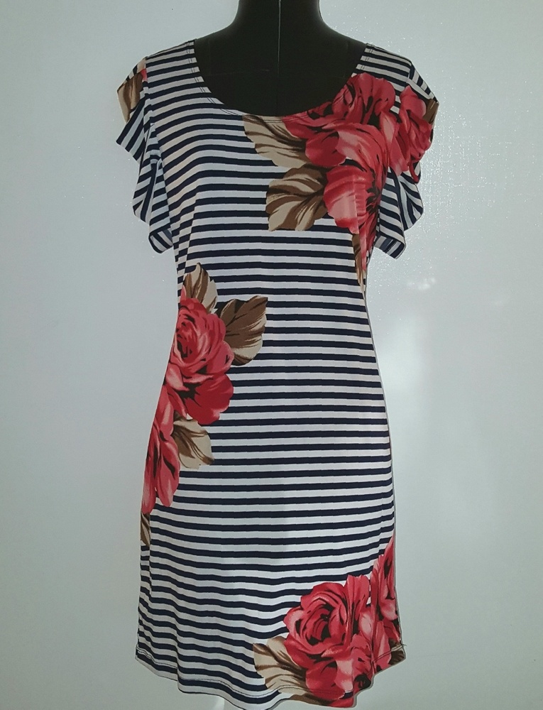 Fancy Navy Blue White Striped Dress Red Flowers